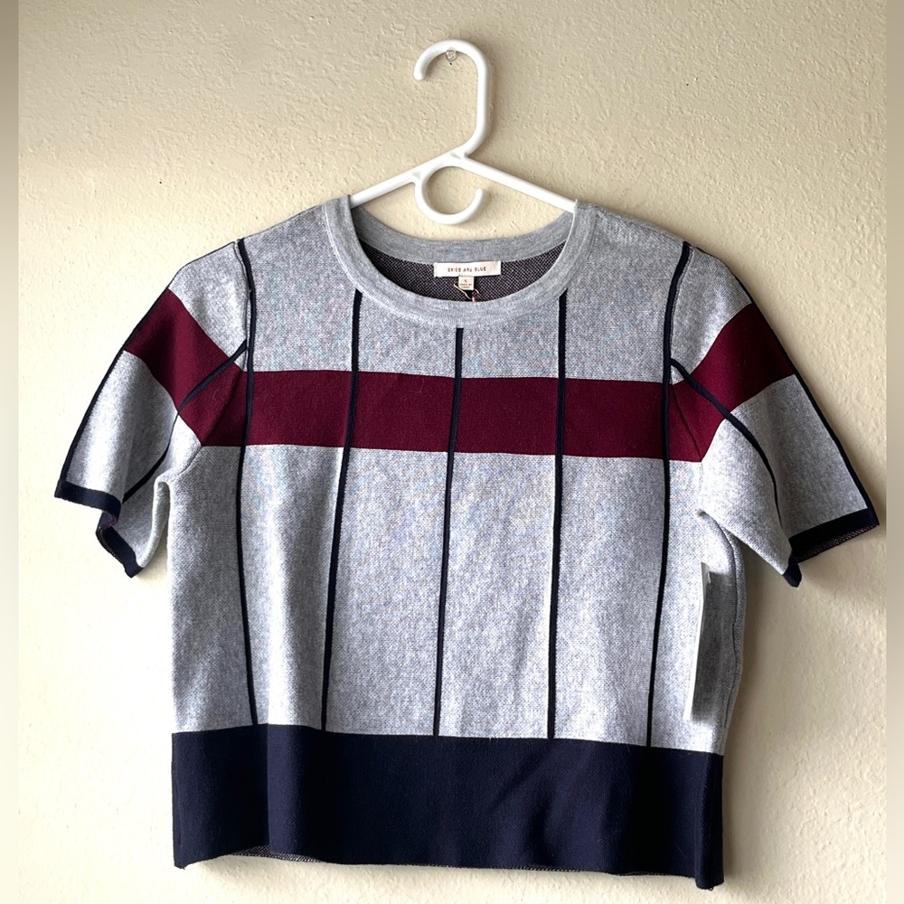 Skies Are Blue Gray and Burgundy Striped Top